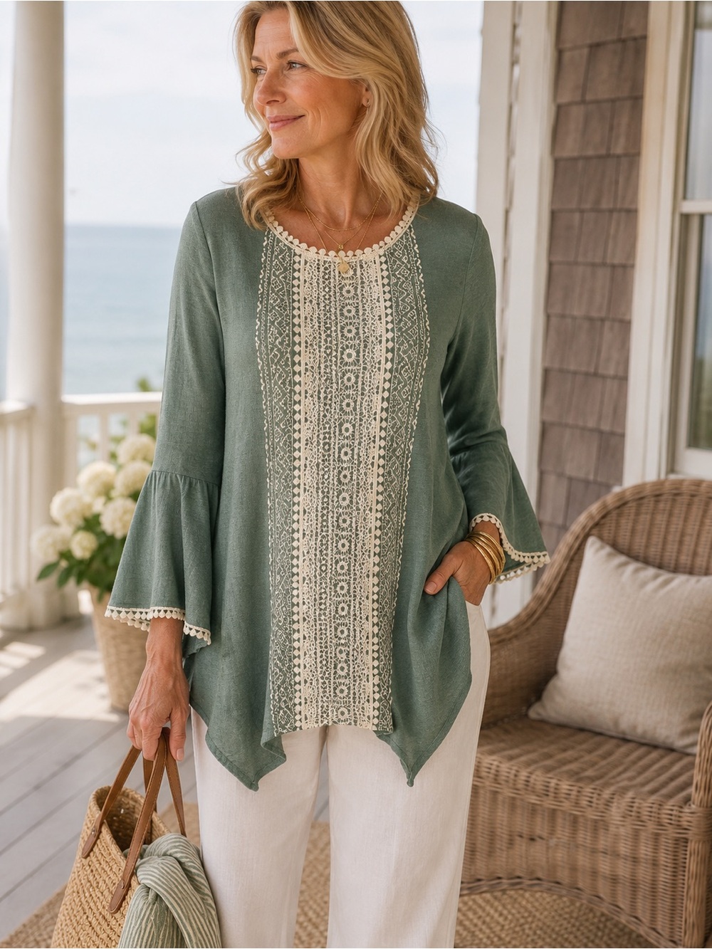 Tru Self green boho tunic with cream lace appliqué and bell sleeves size M